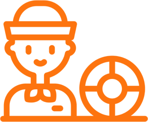 Sailor icon with lifebuoy, orange outline.
