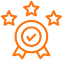 Award badge with three stars and checkmark.