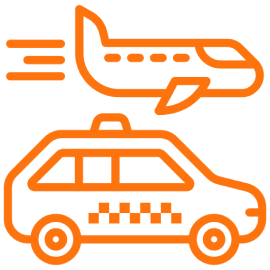 Airplane and taxi icons in orange.