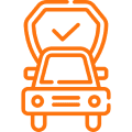 Car with check mark icon, orange outline.